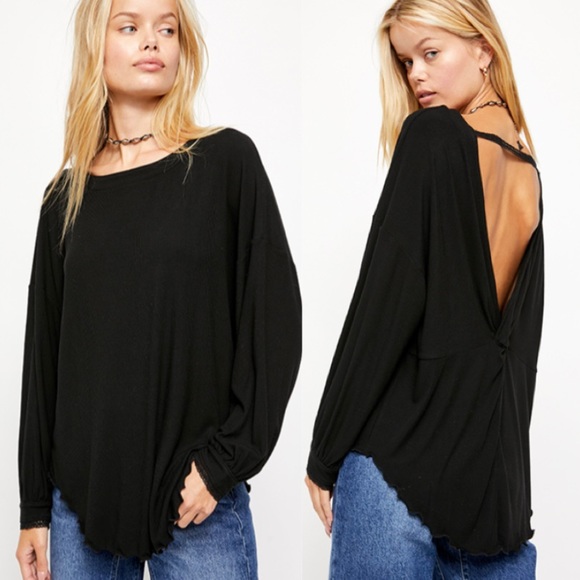 Free People Tops - Free People | ‘Shimmy Shake’ Black Ribbed Open Twist Back Long Sleeve Top